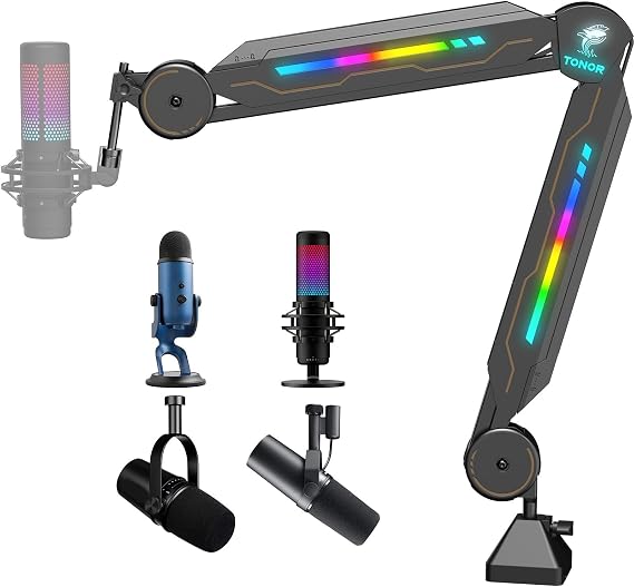 TONOR RGB Microphone Arm, Foldable Tabletop Gaming Microphone Stand, Telescopic Desk Arm, Adjustable Angle and Height for Condenser Microphones, Live Broadcast, Broadcast, Includes Conversion Screw, Microphone Clip, Compatible with Blue Yeti HyperX, Quadcast, Snowball, Rode Razer, Seiren Mini Elgato Wave T10