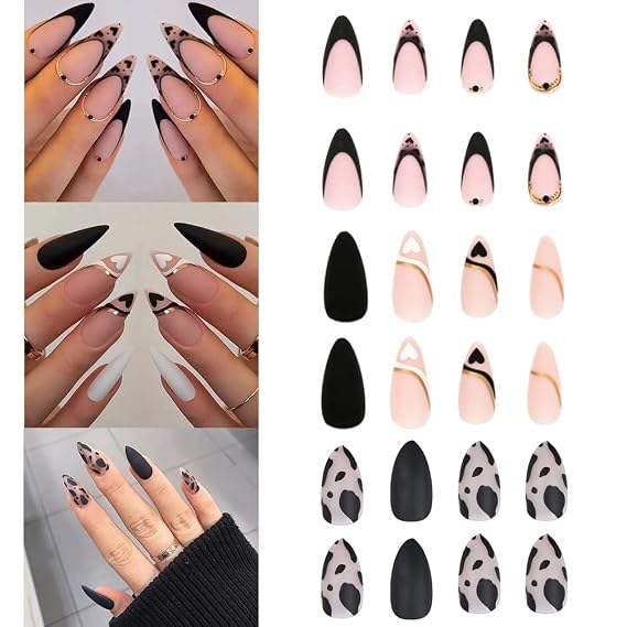 3 Packs (72 Pcs) Press on Nails Short Almond Fake Nails Acrylic Nails Pink Black Heart Lines Nails Fashion Elegant Design Nails Full Cover Stick on Nails for Women and Girls