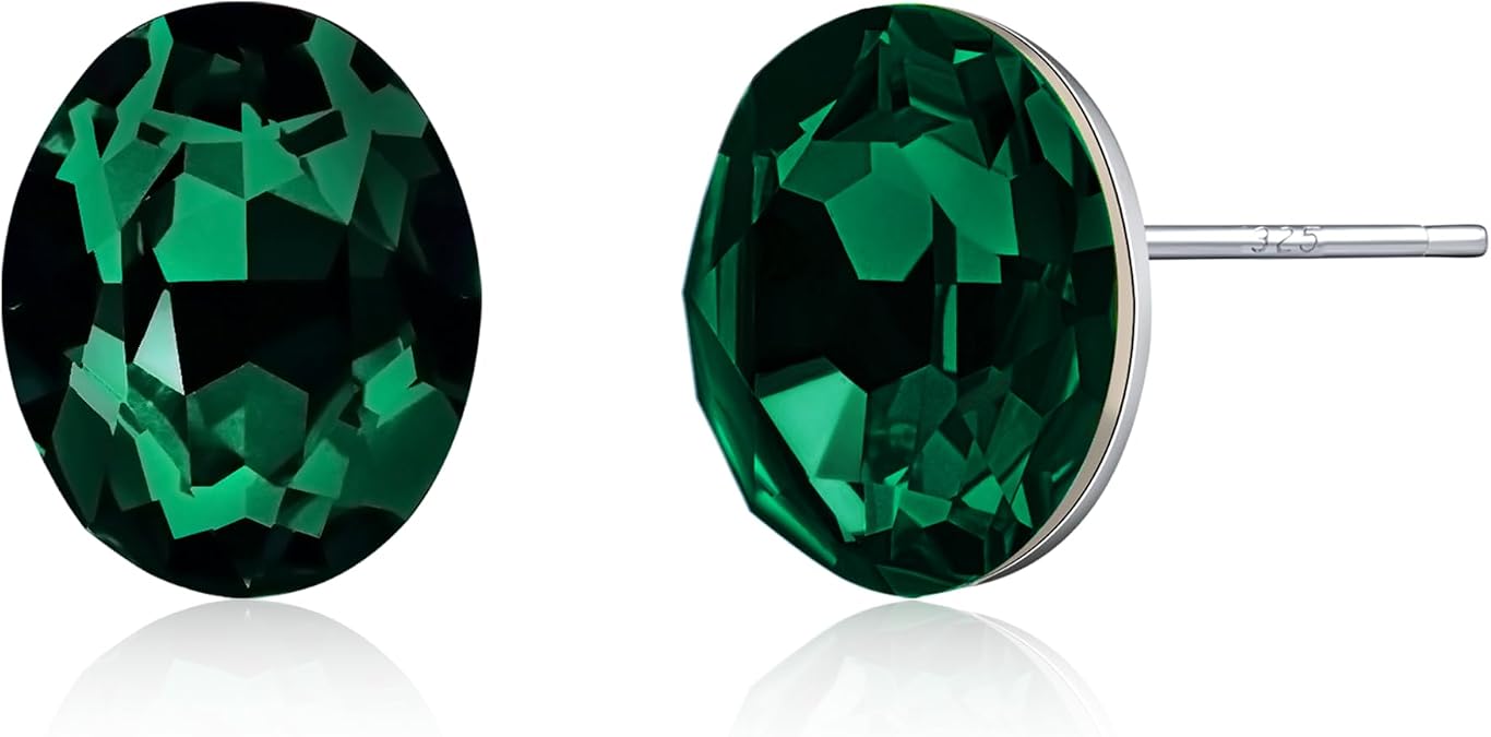 Silver Emerald Stud Earrings, Oval Green Gemstone May Birthstone Earrings for Women Green Jewelry for Giftt
