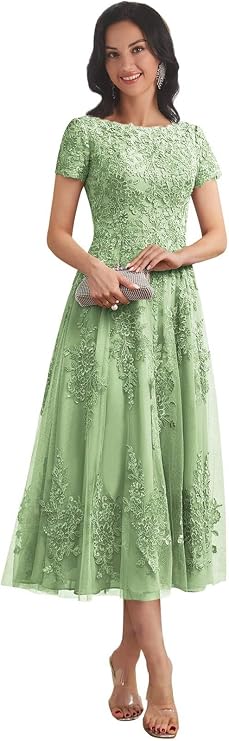 Tulle Lace Appliqued Mother of The Groom Dress for Women A Line Tea Length Formal Gown with Sleeves