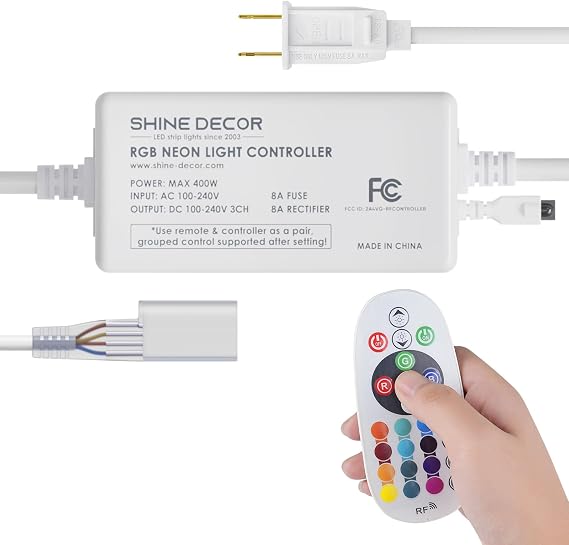 Shine Decor Controller with Remote, Power Supply for 10mm W x 20mm H LED RGB Neon Rope Lights Only