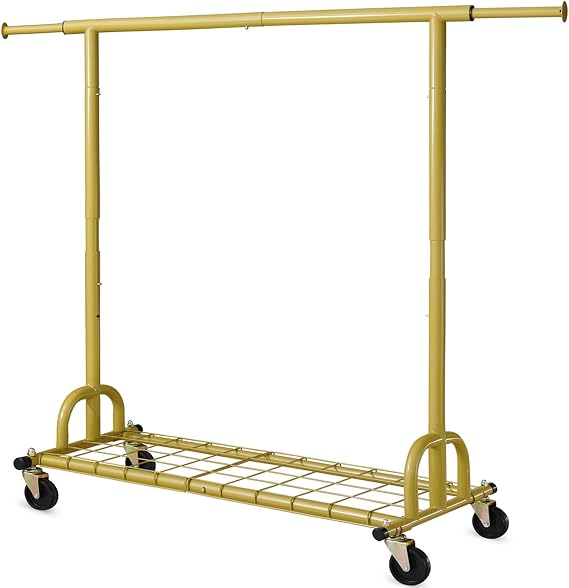 Clothes Rack Heavy Duty Clothing Rack Gold Load 525 LBS, Collapsible Garment Rack for Hanging Clothes Commercial Coat Rack with Wheels Portable Closet for Bedroom, Living Room, Laundry, Balcony