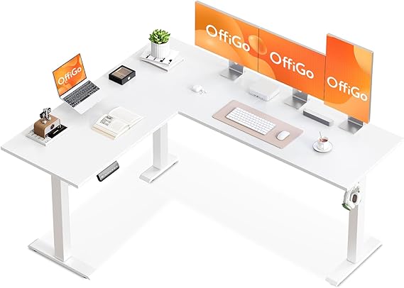 OffiGo Corner Desk, 160x120cm Electric Standing Desk with 3 Memory Smart Panels, Reversible L Shaped Rising Table, Height Adjustable Table for Home Office Workstation, White