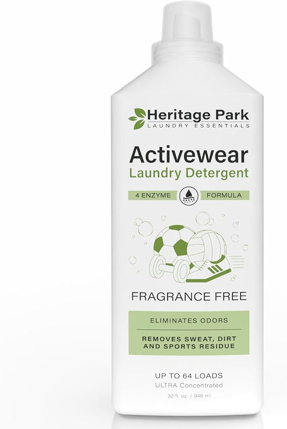 Heritage Park Activewear Laundry Detergent - Fragrance Free - 32 fl oz | 4-Enzyme Sport Wash - Removes Sweat, Odor & Stains, Preserve Stretch & Wicking - Cotton, Polyester, Nylon, Rayon, Compression