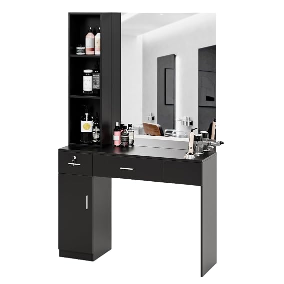 OmySalon Barber Station with Mirror, Hair Salon Station for Hair Stylist, Wall Mount Salon Beauty Spa Equipment with 3 Hair Dryer Holders & Open Shelves, 2 Drawers, 1 Storage Cabinet, Black