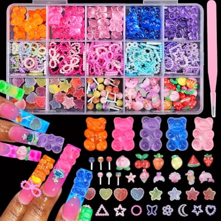Namifin 3D Bear Nail Charms Bulk Y2K Lollipops Fruits Cherries Kawaii Gummies Oacen Beach Moon Bowknots Hearts Pearls Cute Nail Charms for Nail Art DIY Accessories