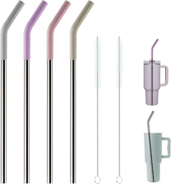 Replacement Straws for 40oz Tumblers, Stainless Steel Metal Straws, 4 Pack | Reusable,Compatible with Stanley 40oz Cup, 40 oz Tumbler Straw,12" Extra Long,3" Wide, with Silicone Tips and Brush