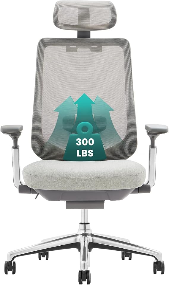 COLAMY Ergonomic Mesh Office Chair, High Back Computer Executive Desk Chair with Adjustable Headrest and 4D Arms, Slide Seat, Tilt Lock, Light Grey