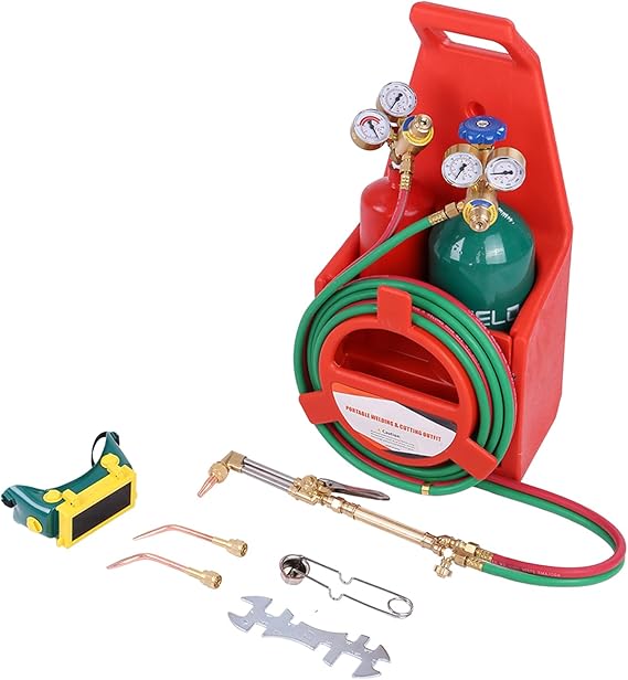 Portable Oxygen Acetylene Torch Kit, Professional Oxy - Acetylene Welding & Cutting Set with Gauge, Gas Tank Tote, Long Pipe Brass Nozzle, for Industrial & Amateur DIY Use (12)