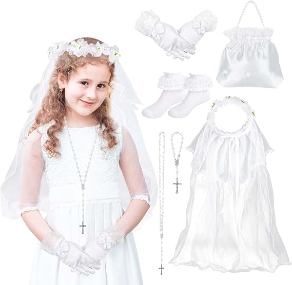 First Communion Veil for Girls, Holy Communion Gifts with Satin Communion Bag Lace Socks White Gloves Rosary Beads Catholic Rose Necklace Bracelet 1st Communion Flower Headband with Veils