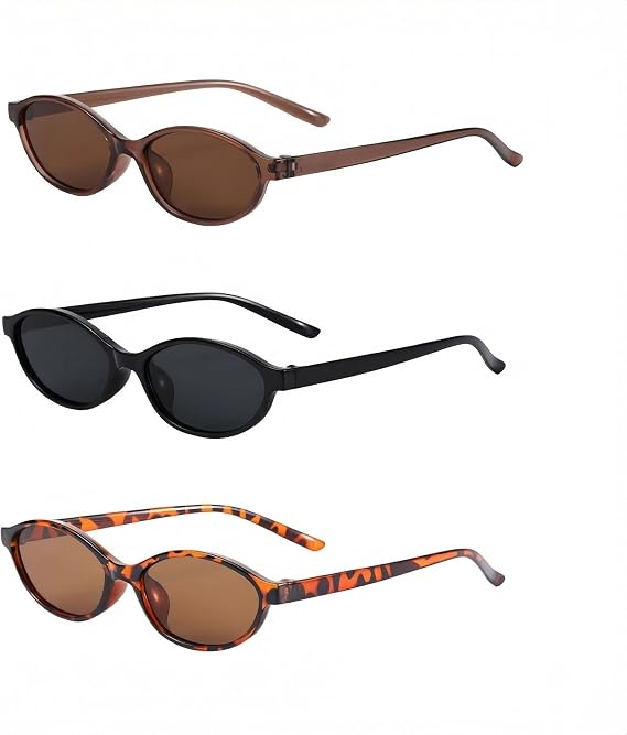 3 Pack Retro Oval Cat Eye Sunglasses for Women, Vintage 90s Trendy Narrow Frame Sun Glasses, UV400 Protection Lightweight Shades for Driving Beach Party Outdoor.