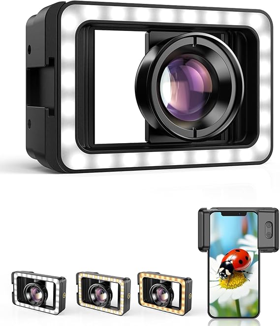 APEXEL Macro Lens with LED Fill Light, 10X Macro Lens + 3 Levels of Brightness Adjustment for iPhone 16/15/14/13 Pro/Pro Max, Samsung, Android Phone (Fits for Almost All Phone), Lens Attachment