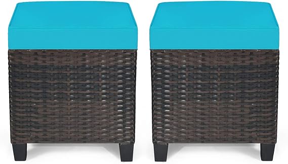 RELAX4LIFE 2-Piece Patio Ottoman Set - Wicker Footstools, All Weather PE Rattan Ottoman with Removable Cushions, Square Footrest Seat, Outdoor Stools for Garden, Porch, Pouf Ottoman (Turquoise)