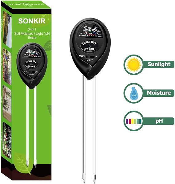 SONKIR Soil pH Tester, 3-in-1 Soil Moisture/Light/pH Tester Gardening Tool Kits for Plant Care, Great for Garden, Lawn, Farm, Indoor & Outdoor Use (Black) ...