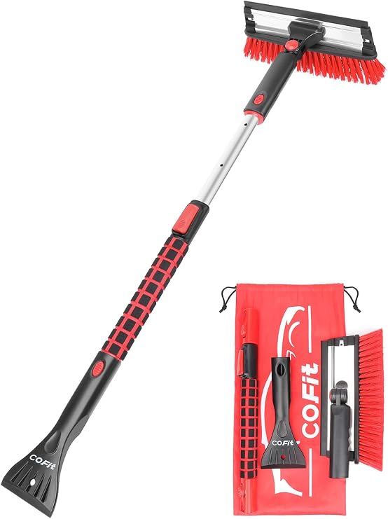 COFIT Car Snow Brush with Ice Scraper and Squeegee 3 in 1, 39" Extendable Cleaning Kit Long Handle, Windshield Snow Removal Tool Scratch Free for SUV Truck RV Window Roof Exterior Wash Supplies, Red