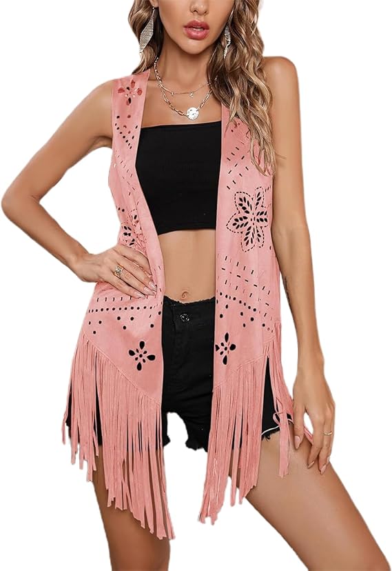 Women Western Tassels Vest Tops 70s Hippie Faux Suede Long Fringe Vests Jacket Cardigan Open Front Cowgirl Shirt