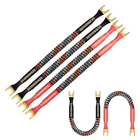 UCINNOVATE 4 x HiFi OFC Speaker Jumper Cable with Spade, 21cm Speaker Cable Bridge Bi-Wire Speaker Jumper Plates, 11AWG Cable Bridge to Speaker Cable Terminals with 8 Gold Plated Spade