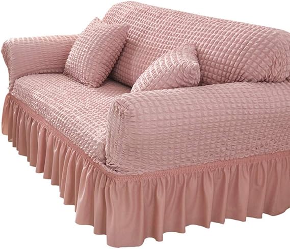 Sofa Cover, Stretch Couch Slipcover with Skirt Fitted Couch Cover, 1 2 3 4 Seater Slipcover Couch Covers, Washable High Elastic Durable Seersucker Fabric. (Pink,3 Seater/Sofa)