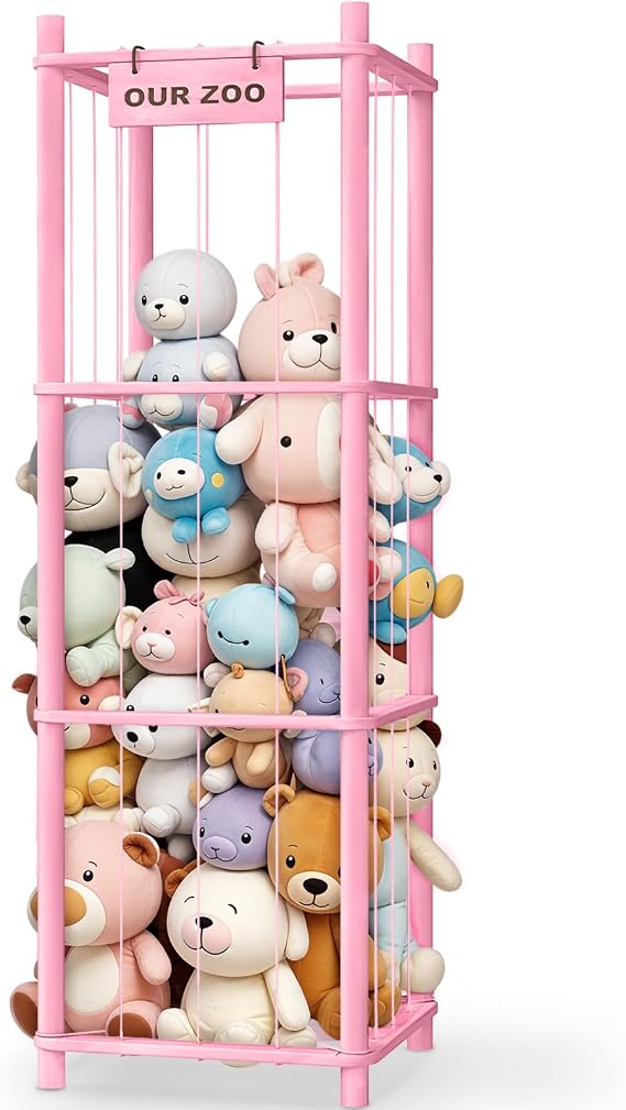 Woodure Stuffed Animal Storage & Organizer, Wooden Cute Zoo Toy Holder for Toddler Rooms, Playrooms & Bedrooms(Pink)
