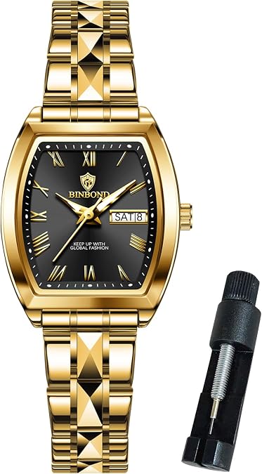 BINBOND Square Womens Watch Fashion Luxury Elegant Dress Stainless Steel Ladies Wrist Watches for Female Day Date Waterproof Luminous
