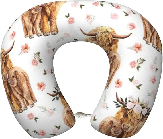 Spring Pink Floral Scottish Highland Cow,Memory Foam Travel Pillow Airplane Neck Pillow Car Home Office Camping