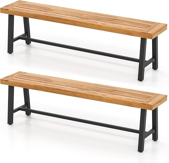 RELAX4LIFE 63 Outdoor Bench Acacia Wood - 3-Person Backless Patio Benches with Heavy Duty Metal Frame, Wooden Picnic Dining Garden Bench for Outside Backyard Park Porch, 800 LBS Weight Capacity (2)
