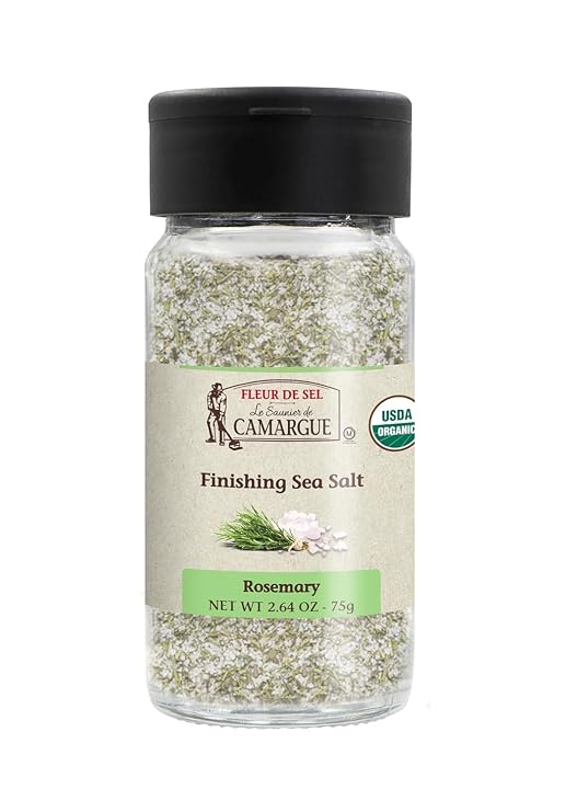 Le Saunier de Camargue Fleur de Sel with Organic Rosemary French Sea Salt Finishing Salt with Fresh Herb Flavor Gourmet Hand-Harvested Flaky Salt in Glass Shaker 75g