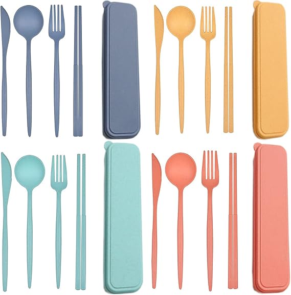 HAGBOU Plastic Travel Utensils, 4 Sets Spoons and Forks Set Silverware, Portable Reusable Utensils with Case for Lunch Box, Picnic, Travel, Camping