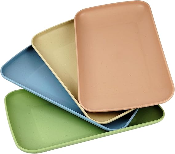 Wheat Straw Plates,4 Pack Rectangular Dinner Plates,Dinner Dishes Lightweight Plates Salad Plate for Kitchen Camping - BPA Free (4, multicolour)