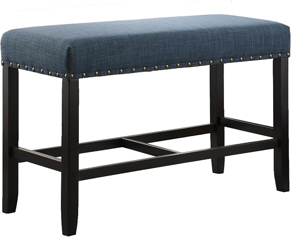 Roundhill Furniture PB162BU Biony Fabric Counter Height Dining Bench with Nailhead Trim, Blue