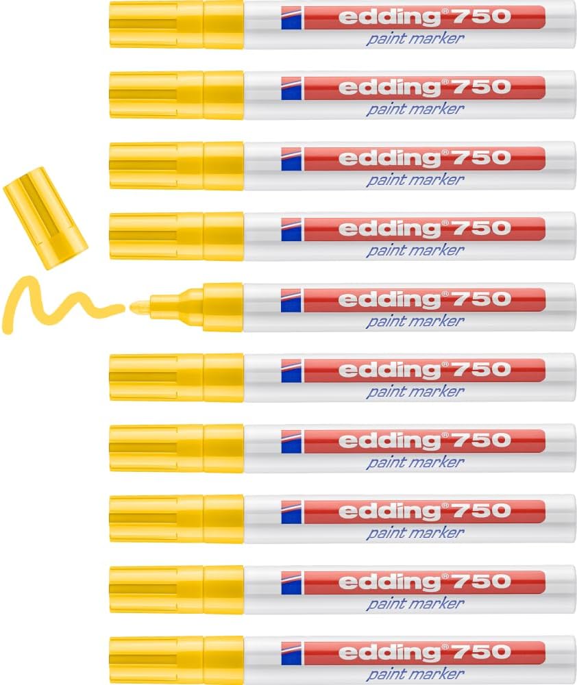 Edding 750 Paint Marker - Yellow - 10 Pens - Round Tip 2-4 mm - Paint Marker for Marking and Labelling Metal, Glass, Rocks Or Plastic - Heat-Resistant, Permanent, Smudge-Proof and Waterproof 750-005
