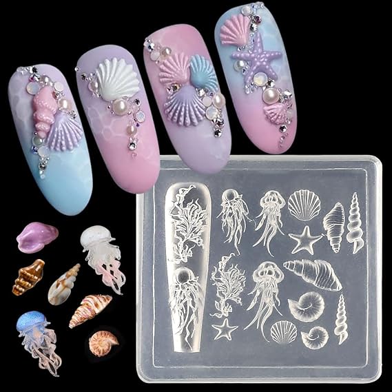 Summer Marine Life Silicone Nail Mold-3D Gel Nail Art Molds Ocean Charms for Nails Design Silicone Molds Jellyfish Conch Starfish Coral Seashell Mold Nails Charms Nail Stencils Manicure Carved Mould