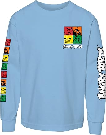 Angry Birds Official Color Blocks Youth Printed Long Sleeve 100% Cotton T-Shirt for Boys, Girls, Unisex