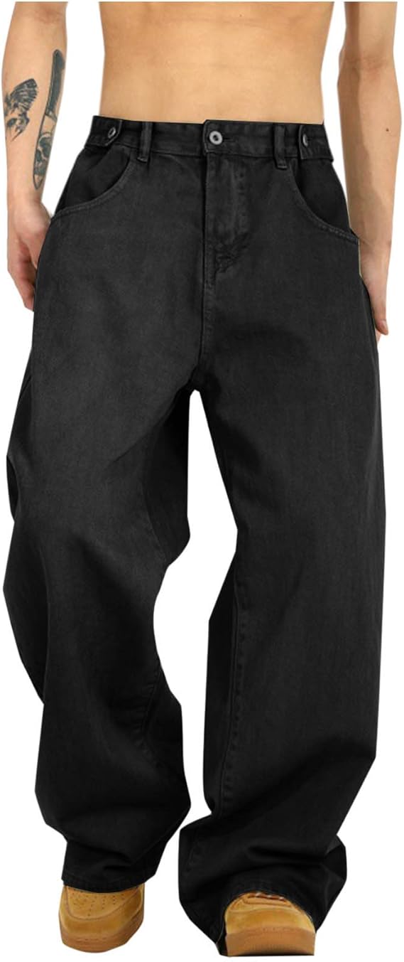 Denim Jeans Men Baggy Loose Fit Cargo Jeans Button Wide Leg Bootcut Denim Trousers Vintage Multi Pocekts Hip Hop Streetwear Cargo Trousers