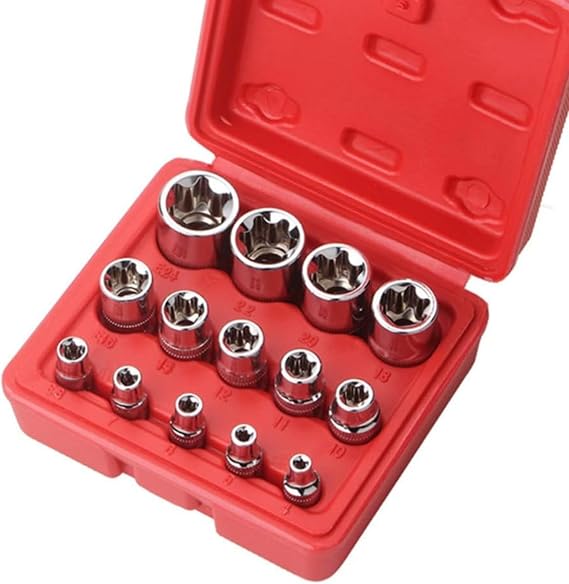 E Type Torx Socket Set 14 pcs Star-shaped Flower-shaped Socket Wrench Screw Removal E Type Socket with Storage Box Red