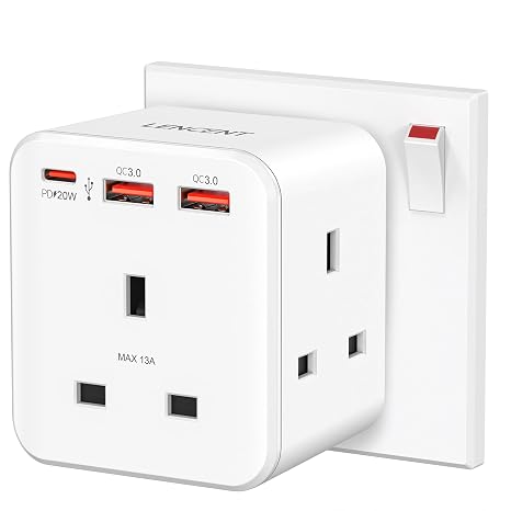 LENCENT 3 way plug adaptor with 3 Fast Charge USB，PD&QC 3.0 20W
