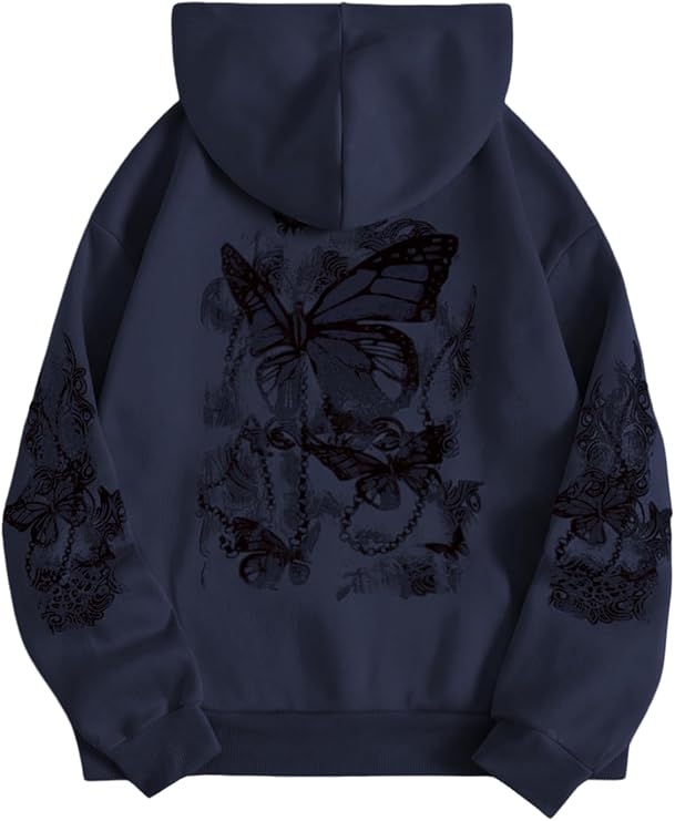 SOLY HUX Women's Butterfly Print Graphic Drawstring Hoodies with Pocket | Long Sleeve, Pullover, Sweatshirt Tops