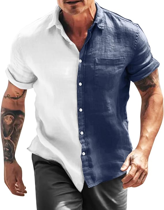 Men's Casual Button Down Shirts Short Sleeve Cotton Linen Tops Regular Fit T-Shirts Summer Beach Dress Shirt