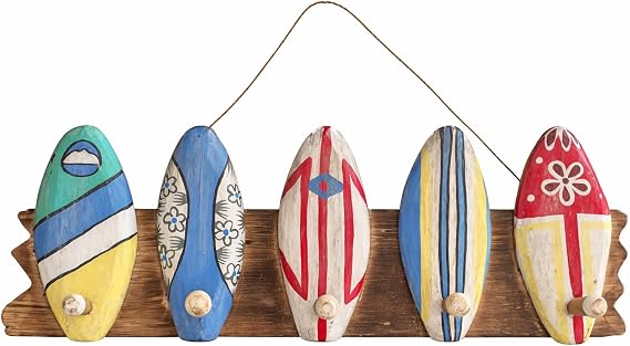OMA Wooden Tropical Beach Surf Board Surfboard Hanger Key Wall Hook Pool House Coastal Beach Nautical Decor Hand Painted