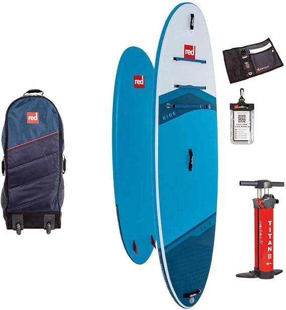 Red Paddle Co. 10'8'' Ride MSL Inflatable SUP Paddle Board Package | Includes Titan II pump, coiled leash, repair kit, phone case, ergonomic All-Terrain Backpack.