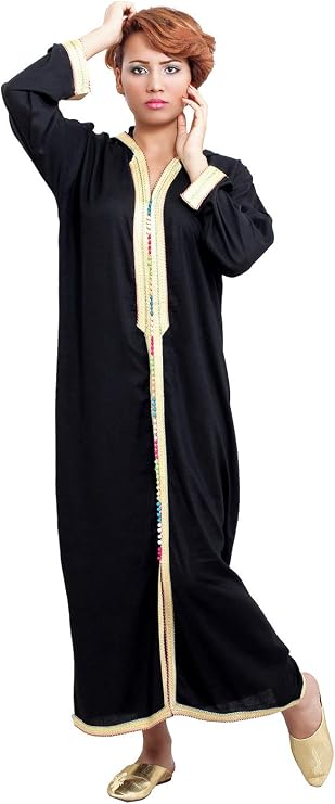 Moroccan Caftans Women Hand Made Breathable Hooded Caftan Fits Small to Medium Embroidered Black and Gold