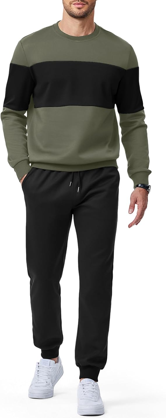 Dokotoo Men Men's 2 Piece Sweatsuits Outfits Casual Crewneck Color Block Sweatshirt Joggers Sweatpants Set Tracksuit