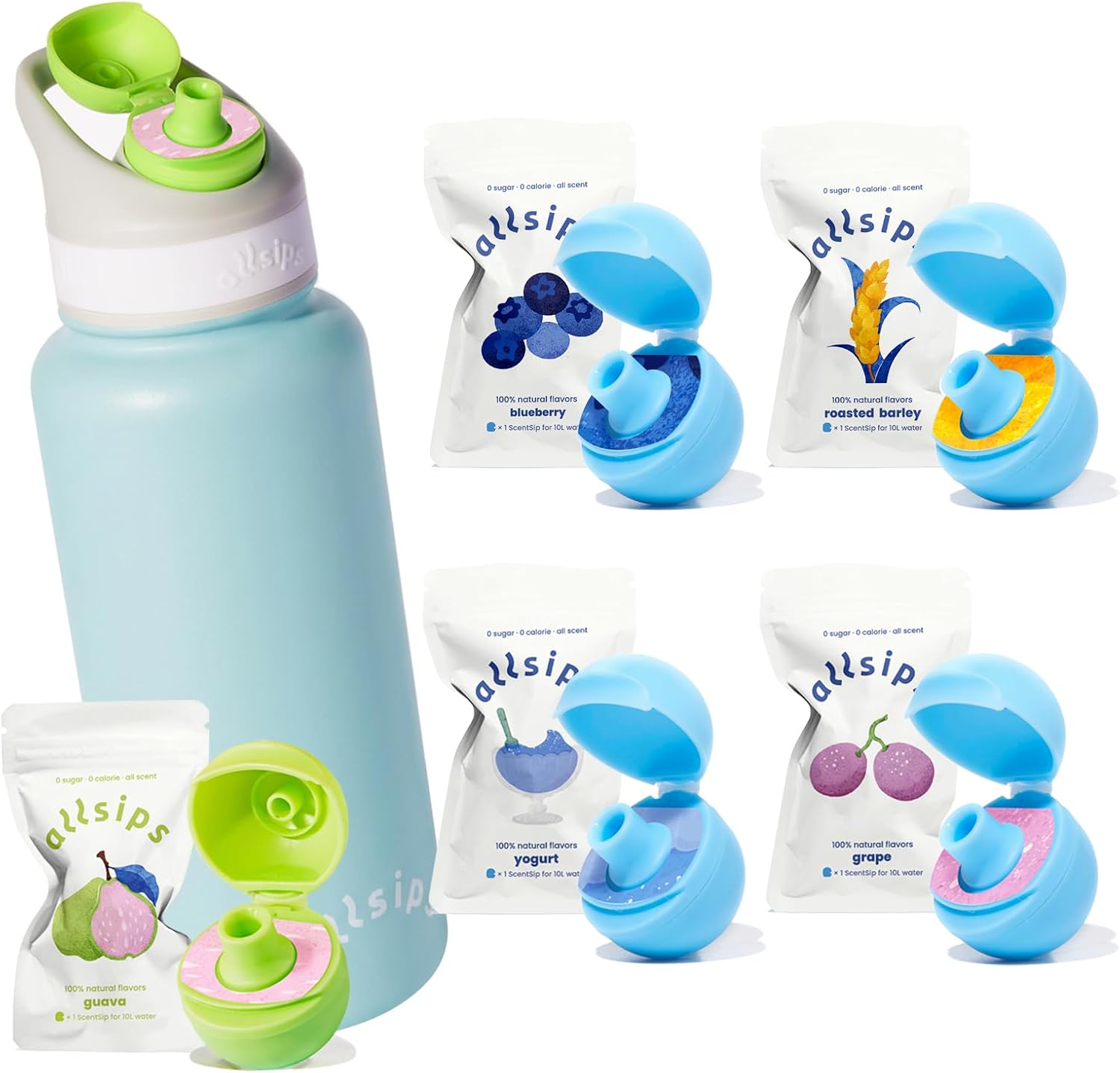 32オンス Azure ステンレススチール エアウォーターボトル ScentSip フレーバーポッド5個付き ヨーグルト グアバ ブルーベリー ロースト大麦 グレープフレーバーポッド付き