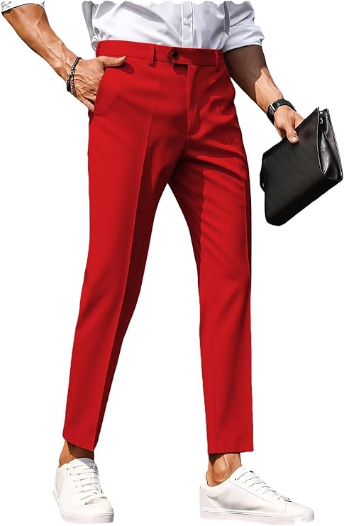 Men's Dress Pants Slim Fit Formal Pleated Trousers for Casual Business Wedding Daily Wear Slacks