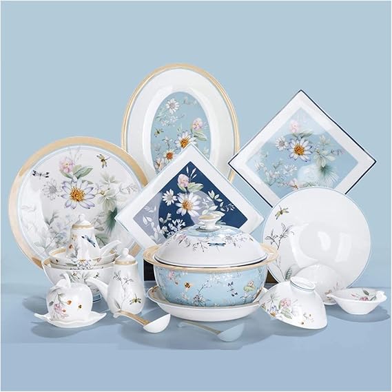 Dinnerware Sets - Luxury Gift Dishes Service Set, 40pieces Chinese Style Bone China Tableware Dinnerware Set with Bowl Soup Plates Salad Plates High Bowls Toothpick Holder