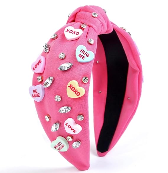 Huachi Valentines Day Headbands for Women Trendy Valentine Heart Headbands, Pink Knotted Headband - Top Knot Rhinestone Woman Head Band for Hair, Valentines Day Gifts Hair Accessories for Women