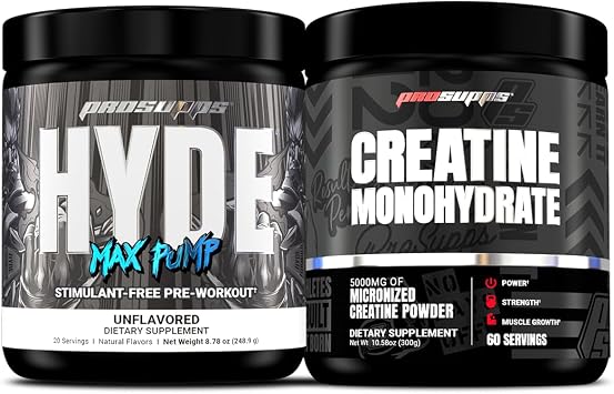 PROSUPPS Hyde Max Pump Stimulant-Free Pre-Workout, Unflavored and Creatine 300 Bundle