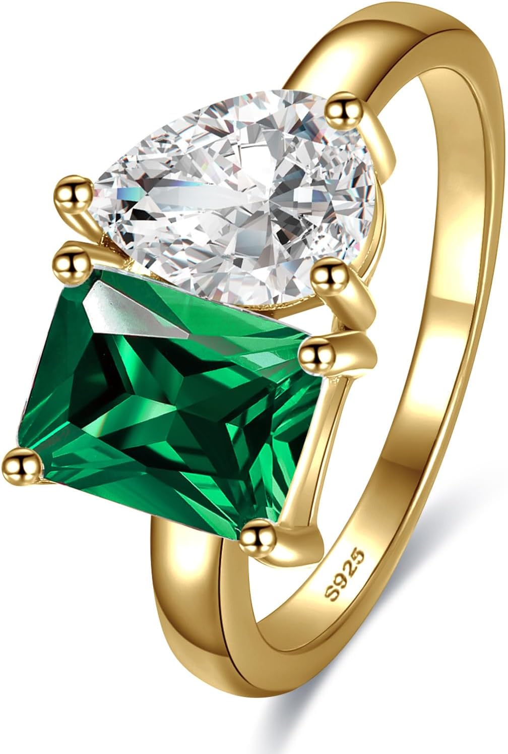 Yaresul 2.75ct Toi Et Moi Ring, 925 Sterling Silver Emerald Engagement Ring for Women Double Stone Emerald & Pear Cut Wedding Eternity Unique Cubic Zirconia Statement I LOVE You Size 5-9