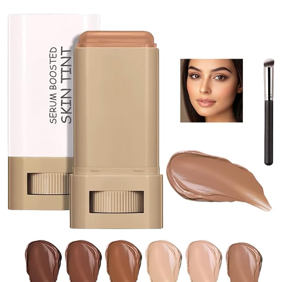 Skin Tint for Black Women, Skween Beauty Balm Serum Boosted Hydration Skin Tint, Solid Tinted Serum Foundation Face Stick, Longwear Contour Stick, Natural Finish (6#)