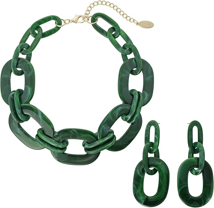Bocar Acrylic Chunky Statement Necklace for Women Cube Link Chain Collar Necklace and Hoop Earrings Costome Jewelry Set